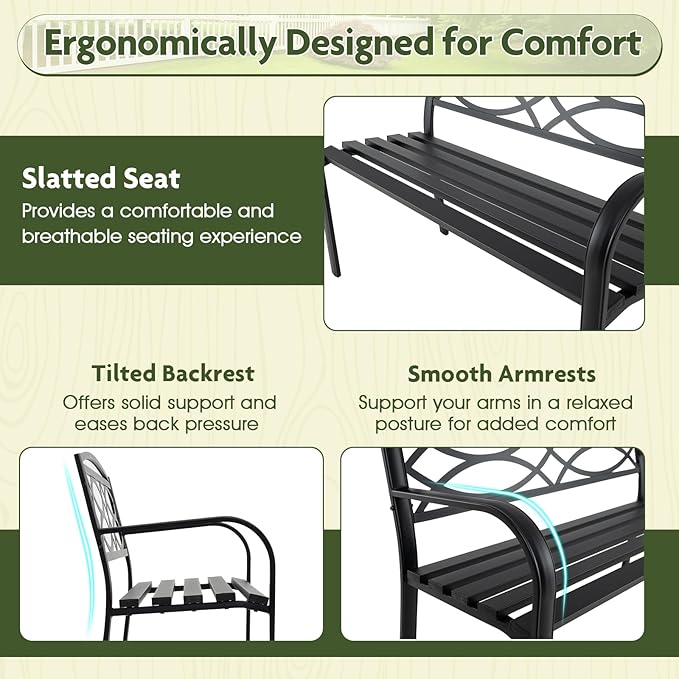 Giantex Outdoor Bench, 45.5” Patio Garden Bench with Backrest, Curved Armrests, Heavy-Duty Metal Frame, Slatted Seat, Outside Patio Seating Furniture for Backyard, Poolside, Porch, Park