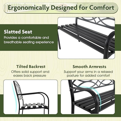 Giantex Outdoor Bench, 45.5” Patio Garden Bench with Backrest, Curved Armrests, Heavy-Duty Metal Frame, Slatted Seat, Outside Patio Seating Furniture for Backyard, Poolside, Porch, Park