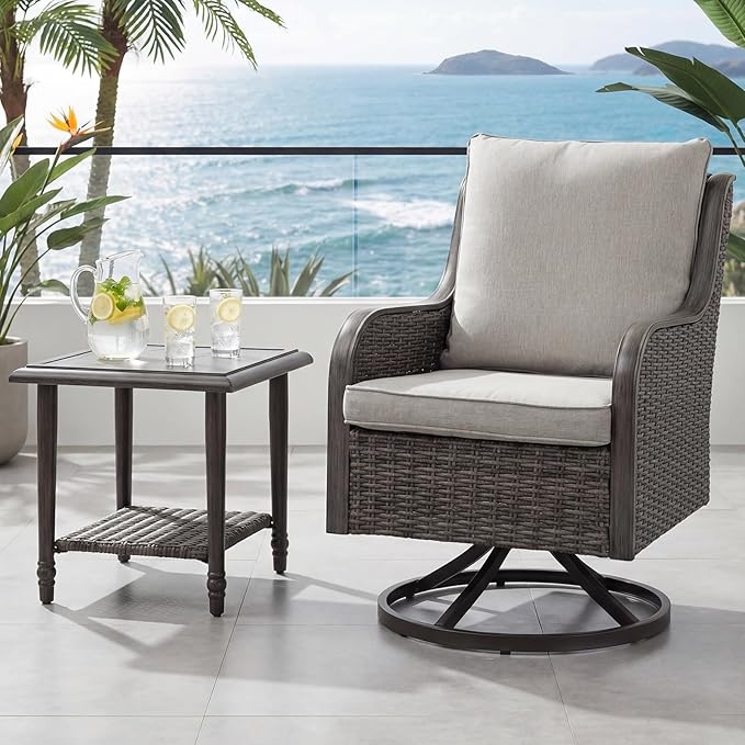 Loungewave Swivel PE Wicker Chair, Outdoor High Back Swivel Patio Chair, 360 Degree Outdoor Swivel Chair with Cushion, Patio Furniture for Porch Balcony Garden, Poolside (Brown/Beige)