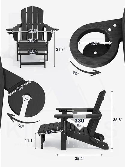 KINGYES Folding Adjustable Adirondack Chair with Retractable Ottoman Set of 6, HDPE All Weather Chair with Cup Holder - Recliner Adirondack Chair, Black