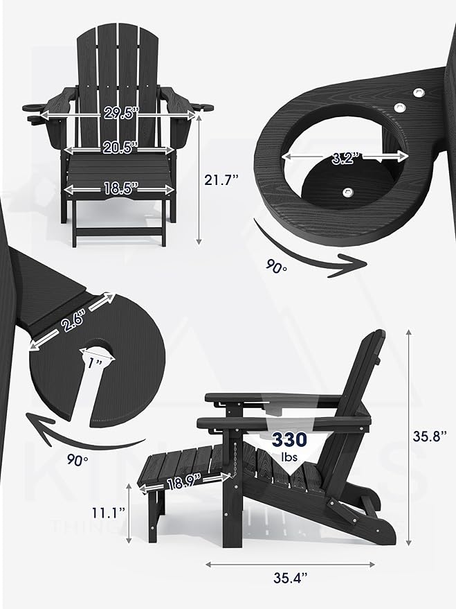 KINGYES Folding Adjustable Adirondack Chair with Ottoman & 2 Cup Holders Set of 4, HDPE Adirondack Recliner Chair with Footrest, Black
