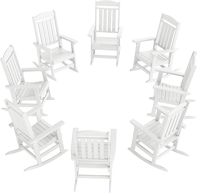 Outdoor Rocking Chairs Set of 8, Oversized High Back Patio Rocking Chairs, All Weather Porch Rocking Chairs for Outside. White