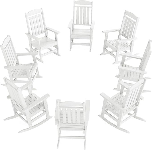 Outdoor Rocking Chairs Set of 8, Oversized High Back Patio Rocking Chairs, All Weather Porch Rocking Chairs for Outside. White