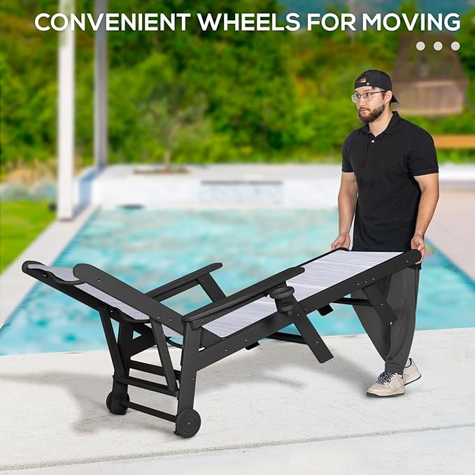 Outdoor Chaise Lounge Chair with Textilene Surface, 5-Position Adjustable Patio Lounge Chair with Wheels & Cup Holder, HDPE Pool Lounge Chair for Outside, Poolside & Beach (Black+White, 1)