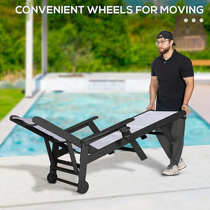 Outdoor Chaise Lounge Chair with Textilene Surface, 5-Position Adjustable Patio Lounge Chair with Wheels & Cup Holder, HDPE Pool Lounge Chair for Outside, Poolside & Beach (Black+White, 1)