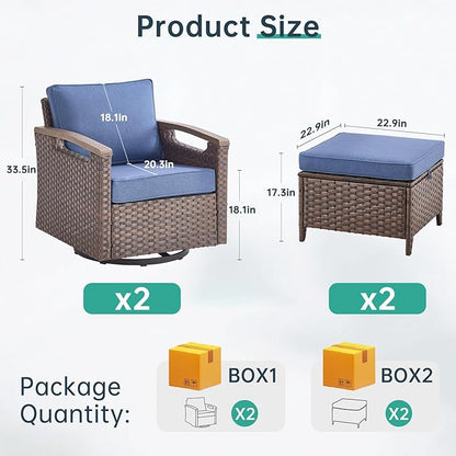Luxury Outdoor Swivel Rocker Patio Chairs with 2 Ottomans - 4 Piece Heavy Duty Furniture Set All Weather Wicker Conversation Set with Cofort Thick Cushion for Porch Poolside and Deck - Blue