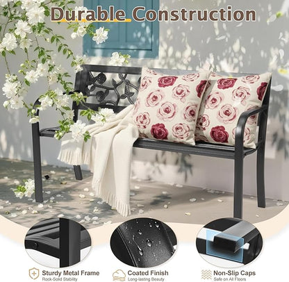 VINGLI Outdoor Metal Bench w/PVC Back - All Weather Resistant Black Garden Patio Bench for Entryway Front Porch Entryway Decor Deck (Black, Rose)