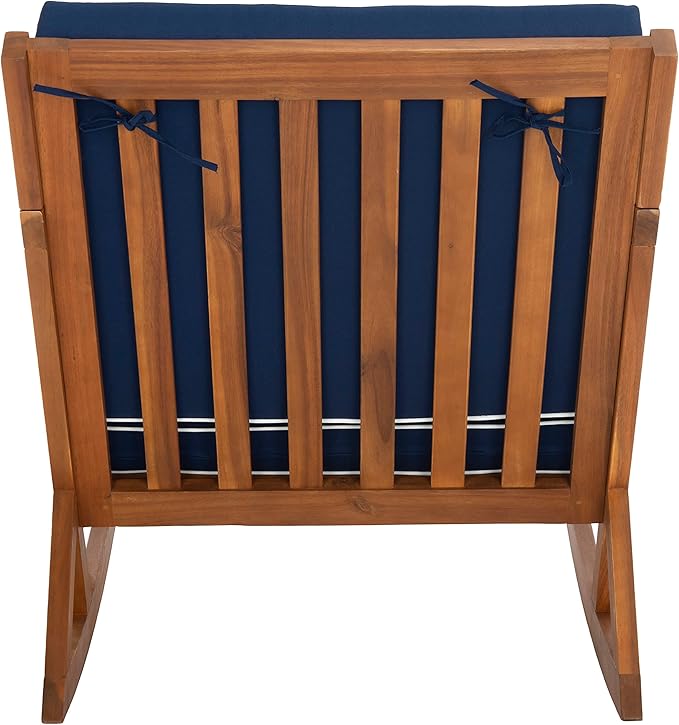 SAFAVIEH Outdoor Collection Vernon Natural/Navy Cushion with White Piping Rocking Chair