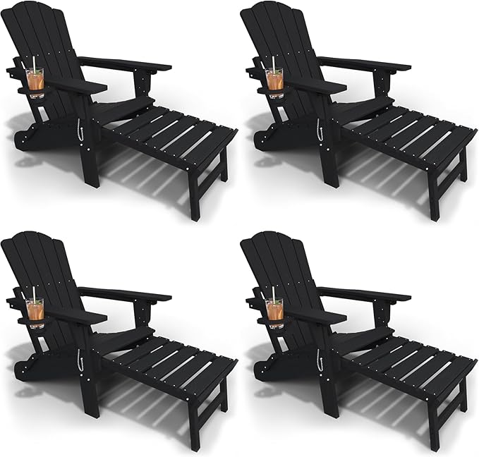 Adjustable Adirondack Chairs with Retractable Ottoman Set of 4, HDEP Folding Adirondack Chair with Footrest & Cup Holder, All Weather Fire Pit Chair for Outdoor,Black