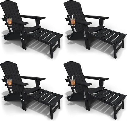 Adjustable Adirondack Chairs with Retractable Ottoman Set of 4, HDEP Folding Adirondack Chair with Footrest & Cup Holder, All Weather Fire Pit Chair for Outdoor,Black