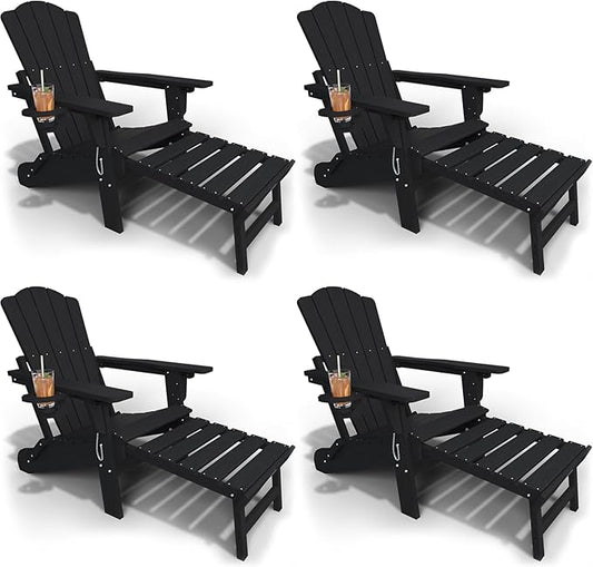 Adjustable Adirondack Chairs with Retractable Ottoman Set of 4, HDEP Folding Adirondack Chair with Footrest & Cup Holder, All Weather Fire Pit Chair for Outdoor,Black
