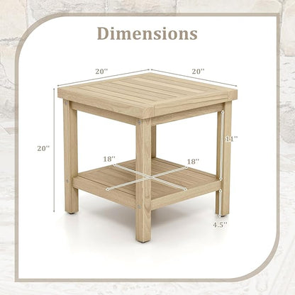 Tangkula 2-Tier Outdoor Side Table, Teak Wood End Table with Storage Shelf, Square Patio Snack Table, Coffee End Table for Porch Deck Garden, Natural