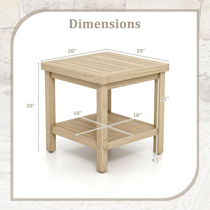 Tangkula 2-Tier Outdoor Side Table, Teak Wood End Table with Storage Shelf, Square Patio Snack Table, Coffee End Table for Porch Deck Garden, Natural