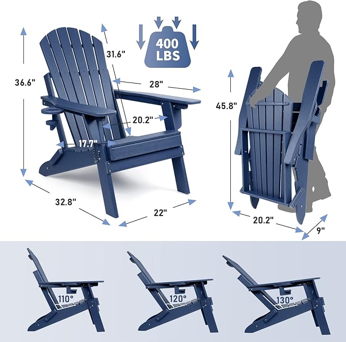 FUNBERRY Folding Adirondack Chair with Adjustable Backrest, HDPE All Weather Fire Pit Chairs with Cup Holder