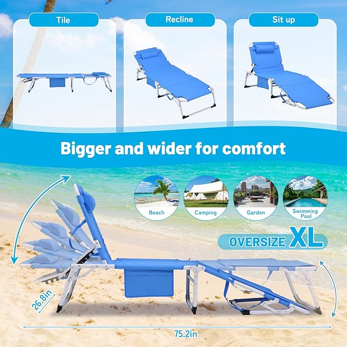 3-in-1 Heavy Duty Tanning Chair with Face Hole Adjustable 5-Position Folding Chaise Lounge Chairs Outside Portable Lay - Photo 3