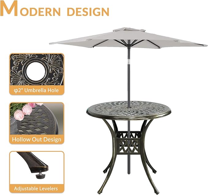 Outdoor Cast Aluminum Patio Table, 31” Round Bistro Table with 2” Umbrella Hole for Patio Furniture Garden Deck Backyard - Photo 4