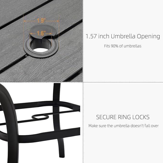37" Plastic Top Square Patio Dining Table 3ft for 4 Person with Metal Steel Leg, Wood-Like Grain and Umbrella Hole, Outdoor Furniture - Black