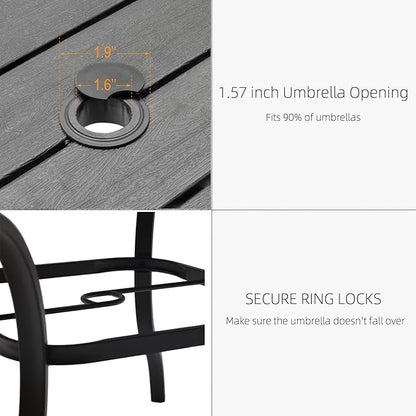 37" Plastic Top Square Patio Dining Table 3ft for 4 Person with Metal Steel Leg, Wood-Like Grain and Umbrella Hole, Outdoor Furniture - Black