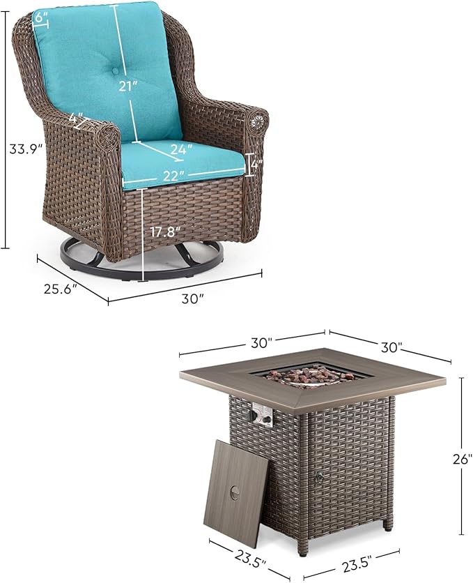 Outdoor Patio Swivel Gliders with Fire Pit Table 5 Piece Set - High Back Brown Wicker Rattan Rocking Chair with Thick - Photo 3