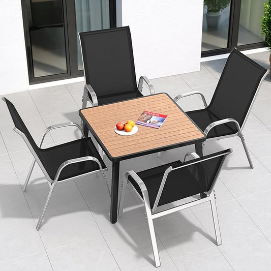 Patio Chairs Set of 4, Easily Set Up Stackable Outdoor Dining Chairs with High Back and Wide Seat, All Weather Breathable Outdoor Chairs Set of 4 with Metal Frame for Backyard Deck Pool, Black