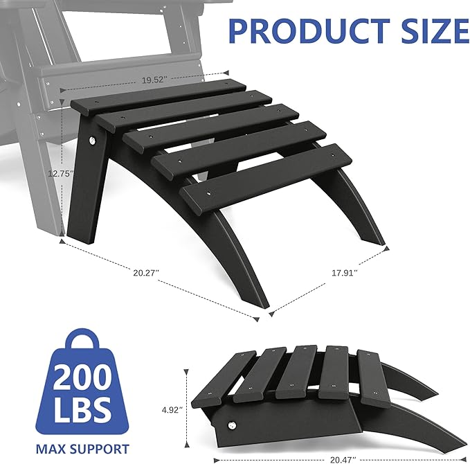 FOOWIN Folding Adirondack Ottoman, HDPE All Weather Adirondack Footrests, Ottoman for Adirondack Chair,Patio Footstool for Outside Easy Storage,for Patio, Backyard, Porch, Garden, Black