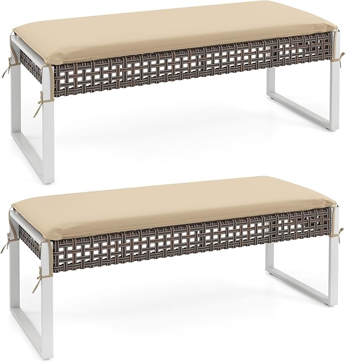 RELAX4LIFE Wicker Outdoor Ottoman Footstool - Set of 2 Rattan Patio Foot Rest w/Soft Cushion & Metal Frame, Multipurpose Coffee Table, 43’’ Seating Bench, Foot Stool for Garden Porch Backyard (2)