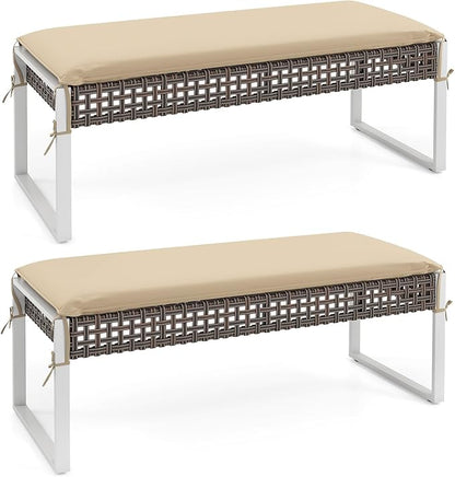 RELAX4LIFE Wicker Outdoor Ottoman Footstool - Set of 2 Rattan Patio Foot Rest w/Soft Cushion & Metal Frame, Multipurpose Coffee Table, 43’’ Seating Bench, Foot Stool for Garden Porch Backyard (2)