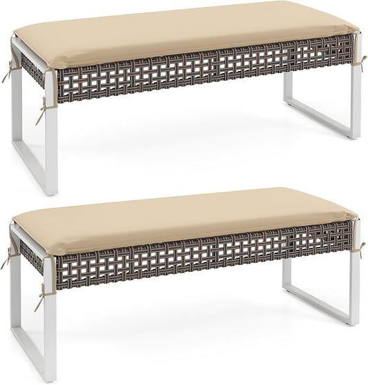 RELAX4LIFE Wicker Outdoor Ottoman Footstool - Set of 2 Rattan Patio Foot Rest w/Soft Cushion & Metal Frame, Multipurpose Coffee Table, 43’’ Seating Bench, Foot Stool for Garden Porch Backyard (2)