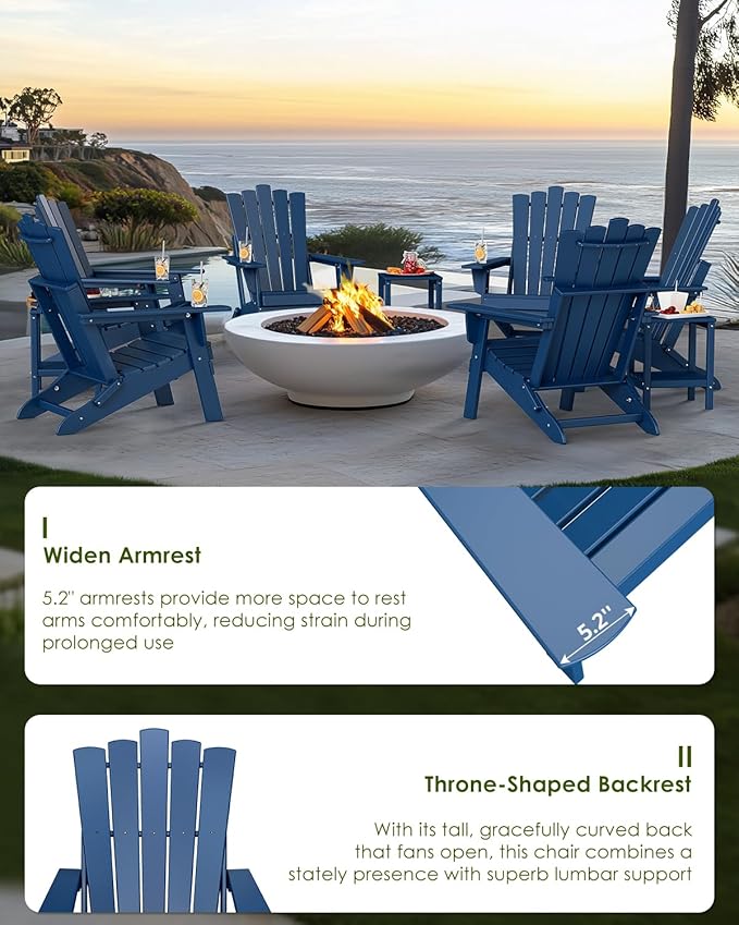GREENVINES Folding-Adirondack-Chairs-Set-of-6 | HDPE Plastic | Throne Series | Fire Pit Chair | All Weather | for Outdoor Patio Deck Backyard Poolside | Blue