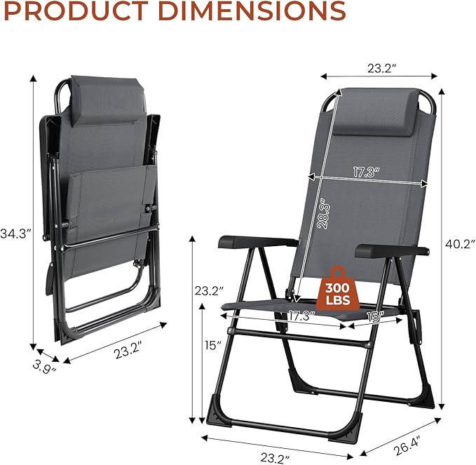 TLSUNNY Folding Patio Chairs Set of 4, Outdoor Lawn Chair w/ 5 Level Adjustable Teslin Back, Removable Headrest, Ergonomic Armrest, Foot Pad, All Weather for Camping, Garden, Pool, 300Lbs (4, Grey)
