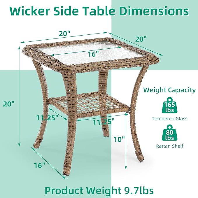 VIVIJASON Outdoor Wicker Side Table, All-Weather Rattan Patio Side Table Bistro Table with 2-Tier Storage, Tempered Glass Top Square End Table for Indoor, Balcony, Garden, Porch, Deck, Brown