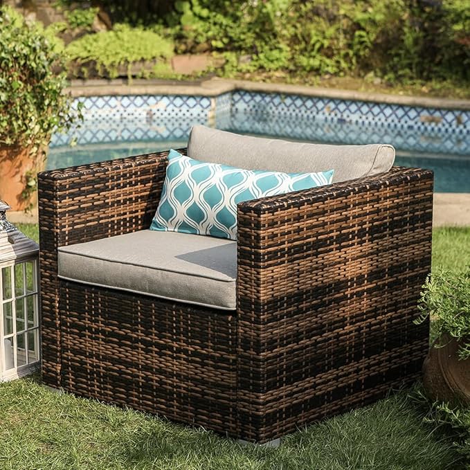 COSIEST All-Weather Patio Chair, Single Brown Wicker Chair with Thick Gray Cushions & Teal Pillow - Photo 2