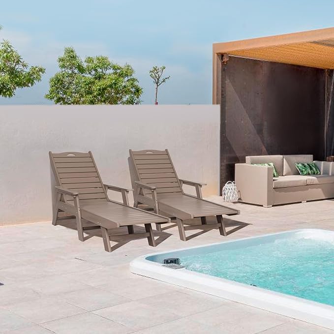 nalone HDPE Chaise Lounge Chair Outdoor with Wheels & Cup Holder, Pool Lounge Chairs with 5-Position Adjustable Backrest, Supports Up to 400 LBS for Patio Poolside Deck Beach Backyard(Grey Brown)