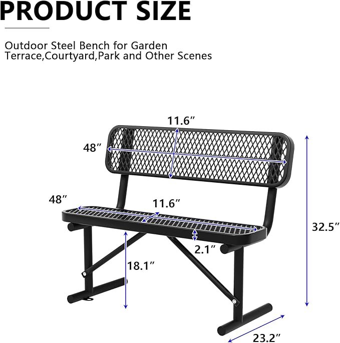 48" Metal Park Benches for Outside - Black Outdoor Benches Heavy Duty Garden Weatherproof Bench with Backrest, Buddy Bench for Schools,Commercial Benches for Shopping Mall, Store, Yard, Patio