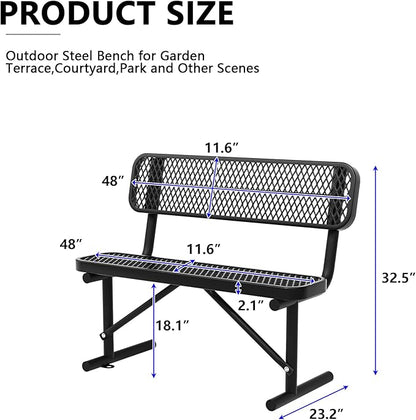 48" Metal Park Benches for Outside - Black Outdoor Benches Heavy Duty Garden Weatherproof Bench with Backrest, Buddy Bench for Schools,Commercial Benches for Shopping Mall, Store, Yard, Patio