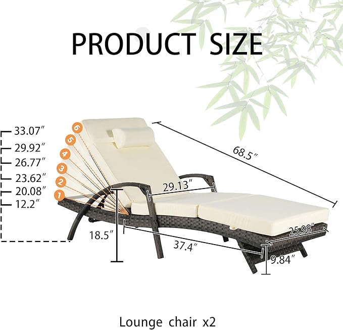 Outdoor Lounge Chairs Set of 2,Wicker Chaise Lounge Chair Pool Chaise Lounge,Patio Lounge Chair with Adjustable Backrest Arm Cushion for Poolside