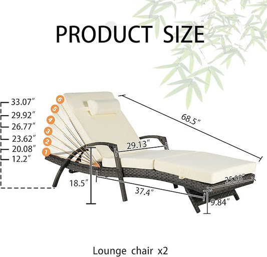 Outdoor Lounge Chairs Set of 2,Wicker Chaise Lounge Chair Pool Chaise Lounge,Patio Lounge Chair with Adjustable Backrest Arm Cushion for Poolside