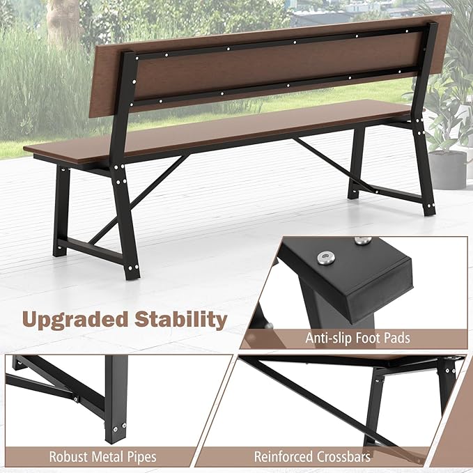 Giantex 72 Inches 4-Person Outdoor Bench with Weatherproof HDPE Backrest & Seat, Heavy Duty Metal Frame, 1100 Lbs Capacity, Park Bench for Lawn, Porch, Deck, Patio, Garden (1, Brown)