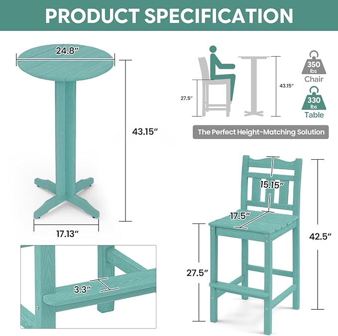 3-Piece Outdoor Bar Set, HDPE Adirondack Bar Height Chairs Set of 2 and Round Bar Table - Photo 3