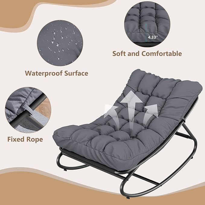 GarveeLife Outdoor Rocking Chair, Outdoor Lounge Chairs with Thick Waterproof Cushion, 300lbs Heavy Duty Metal Patio Rocking Chair for Garden, Porch, Nursery, Silla Mecedora para Adulto-Grey