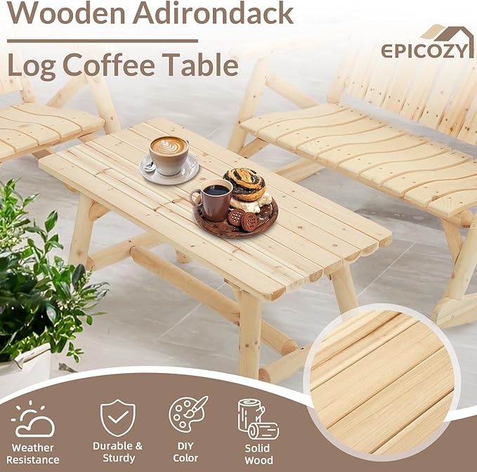 3-Piece Outdoor Wood Rocking Bistro Set, Rustic Wooden Conversation Set Including 2-Seater Loveseat, Log Rocker Chair and Coffee Table, Patio Furniture Chair Set for Lawn Yard Park, Natural