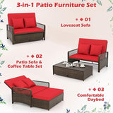 Tangkula Patio Adjustable Wicker Daybed, Rattan Loveseat & Storage Ottoman w/ 4-Level Backrest & Soft Cushions - Photo 9