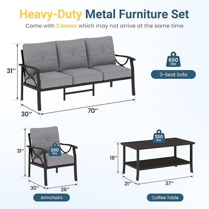 RoyalCraft Outdoor Patio Furniture Set, 5 Seats Outdoor Patio Set with 4" Thick Cushion, All-Weather Metal Patio Sofa with Coffee Table, Outdoor Sectional Furniture for Porch Backyard, Khaki&Grey