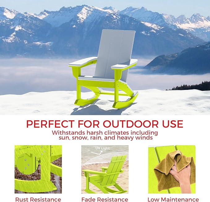 Costaelm Outdoor Adirondack Chair, All Weather Resistant Lawn Chairs Balcony Chair and Fire Pit Chairs, Patio Chair Outdoor Porch Rocking Chair High Back HDPE Poly Lumber, Lime
