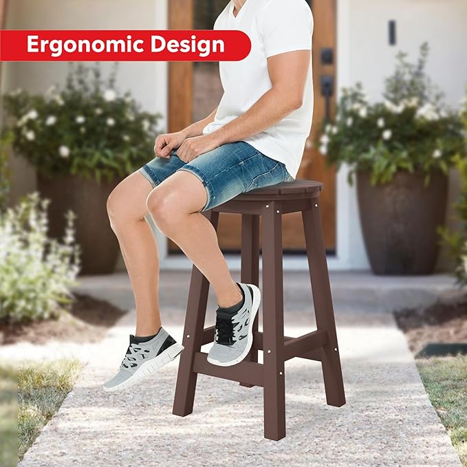 Costaelm 24" Height Outdoor Bar Stools, All-Weather Bar Stools, Adirondack Poly Patio Round Bar Stool for Patio, Deck, Kitchen Counter and Garden, Dark Brown