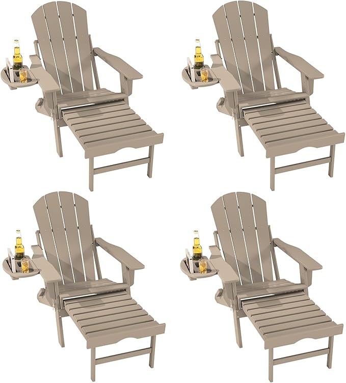 FOOWIN Folding Adjustable Adirondack Chair with Retractable Ottoman Set of 4, HDPE Adirondack Chair w/4 in 1 Cup Holder Trays,All-Weather Resistant Fire Pit Chair for Outdoor Patio Lawn, Brown