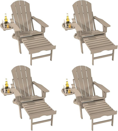 FOOWIN Folding Adjustable Adirondack Chair with Retractable Ottoman Set of 4, HDPE Adirondack Chair w/4 in 1 Cup Holder Trays,All-Weather Resistant Fire Pit Chair for Outdoor Patio Lawn, Brown