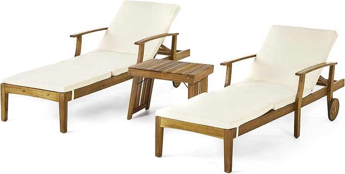 Christopher Knight Home Wesley Outdoor Acacia Wood 3 Piece Chaise Lounge Set, Teak Finish, Cream