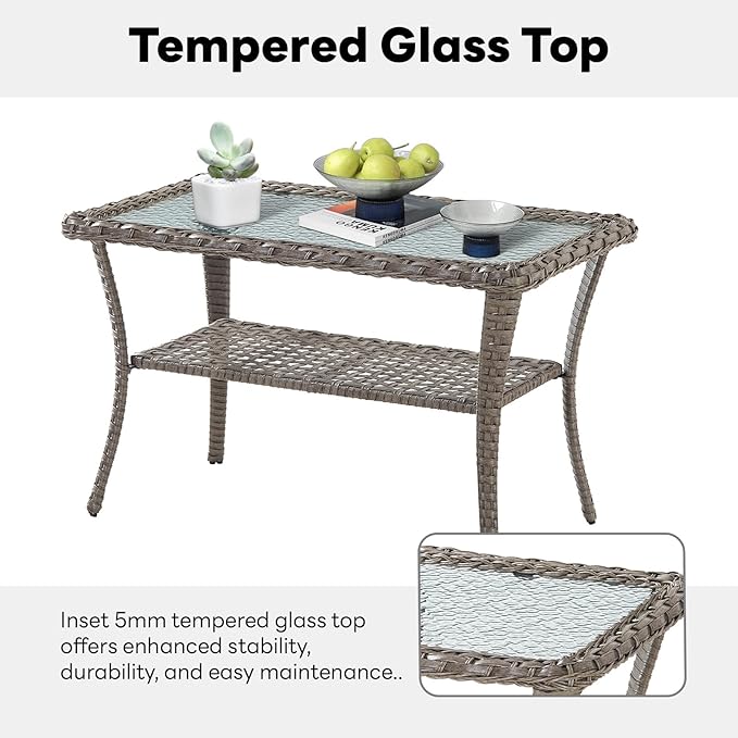 Belord 38 Inch Outdoor Coffee Table with 2 Tier Storage - Wicker Coffee Table with Water Ripple Texture Tempered Glass Top, All Weather Patio Coffee Table for Deck Porch Balcony Garden Gray
