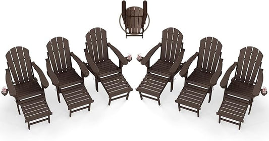 BRIOPAWS Adirondack-Chairs-with-Pull-Out-Footrest | Set of 6 | Folding | HDPE Plastic | Fire Pit Chair | All Weather | Cup Holders | Curved Back | Retractable Ottoman | for Poolside Deck | Dark Brown